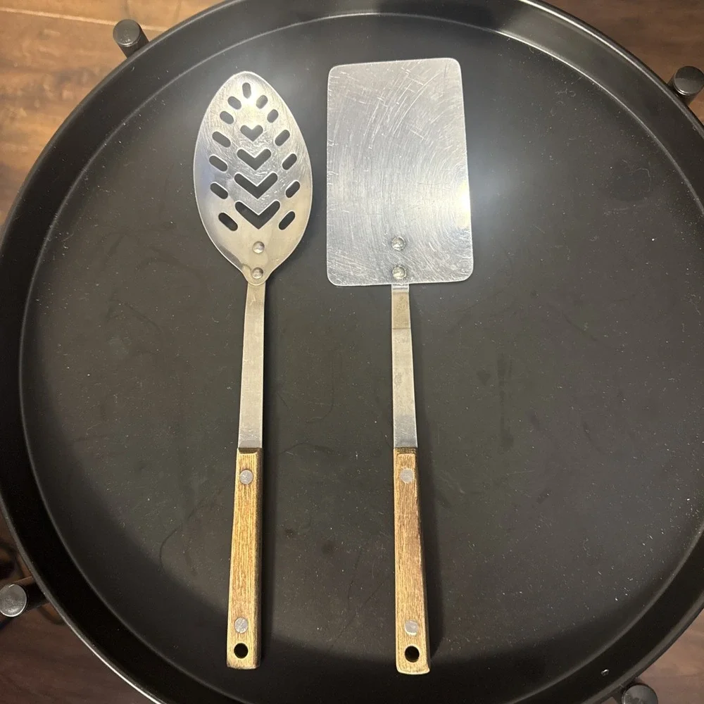 Vintage Stainless Steel Spoon and Spatula Set Wood Handles Lot Of 2 Taiwan Made‎